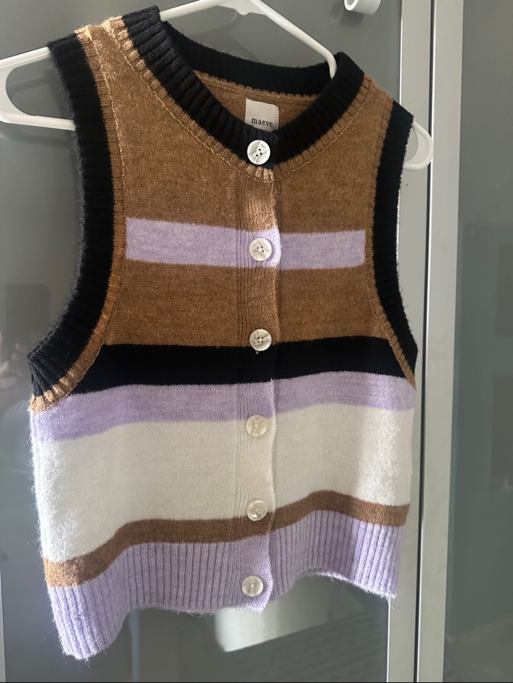 Maeve Brown, Lavender & White Striped Button-Front Knit Vest